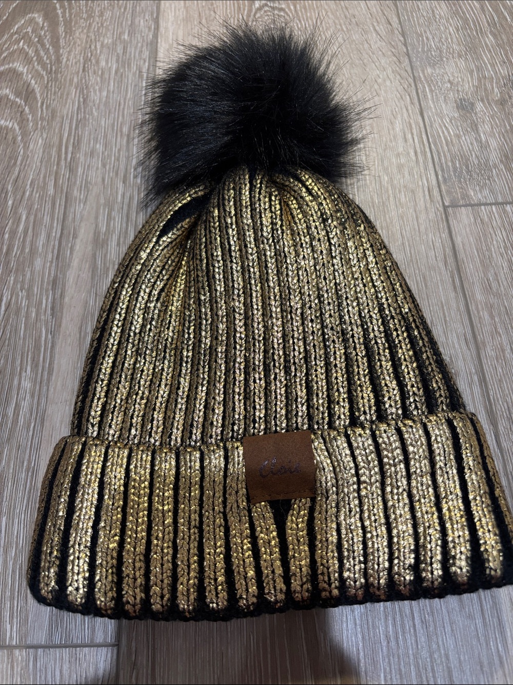 Gold Metallic Knit Pom Beanie with Black Faux Fur pom and fur lining